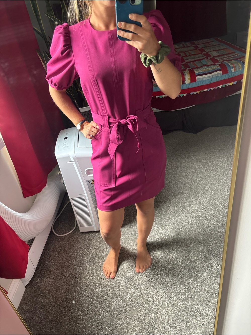BCBG Fuchsia Puff-Sleeve Tie-Waist Mini Dress NWT